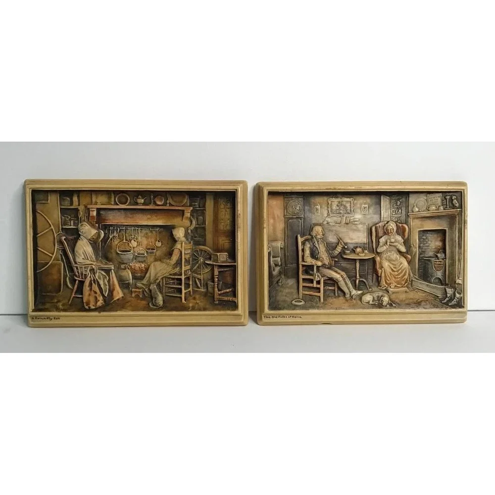 VTG Arthur Osborne Ivorex Wall Plaques A Friendly Call/The Old Folks at Home 3D